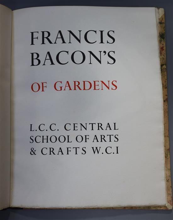 Bacon, Francis - Francis Bacons of Gardens, (privately printed edition), title printed in red and black, wood engraved